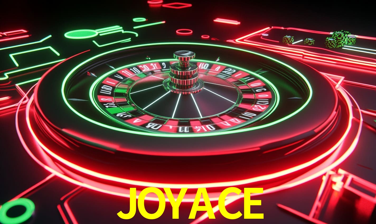 Una escena digital vívida inspirada en casino con JOYACE mostrado prominentemente, luces brillantes, fichas, cartas y acentos dorados.