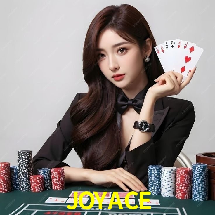 Escena dinámica inspirada en casino con iluminación JOYACE, cartas, fichas e íconos de juegos digitales en un espacio moderno de juegos.