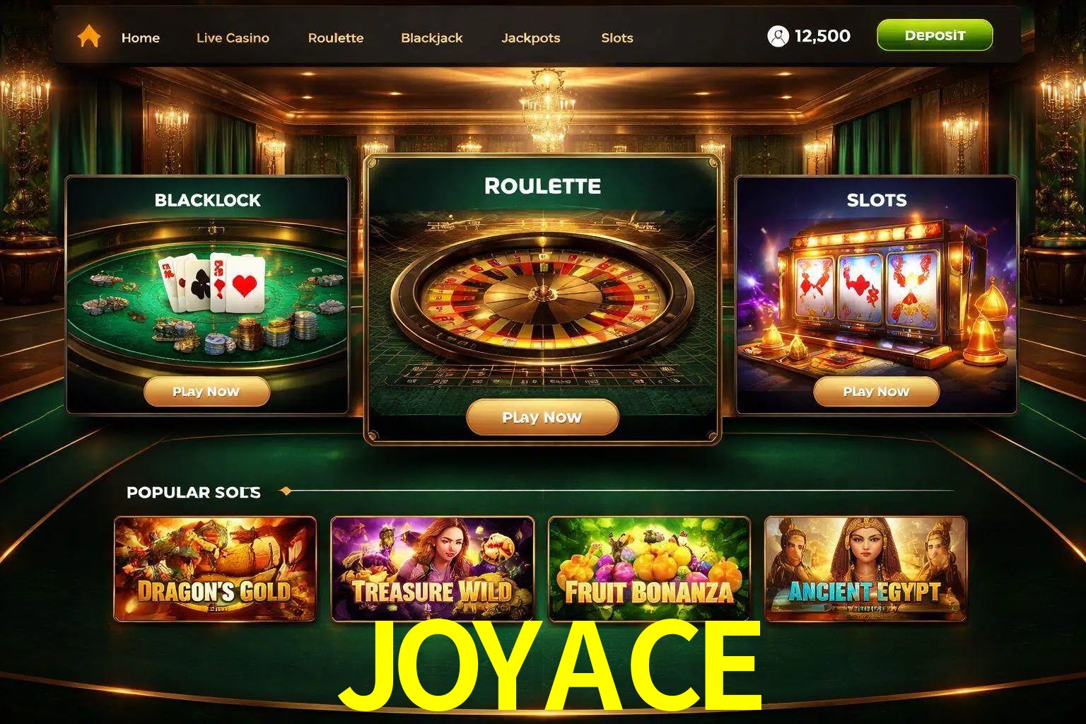 Vista de la plataforma JOYACE Casino mostrando categorías organizadas de juegos en línea