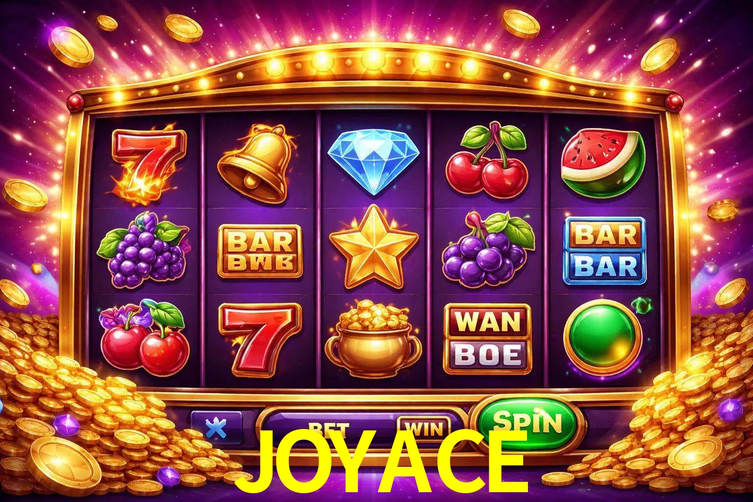 Una interfaz colorida de tragamonedas en línea con símbolos brillantes, monedas y un efecto de victoria celebratoria en JOYACE.