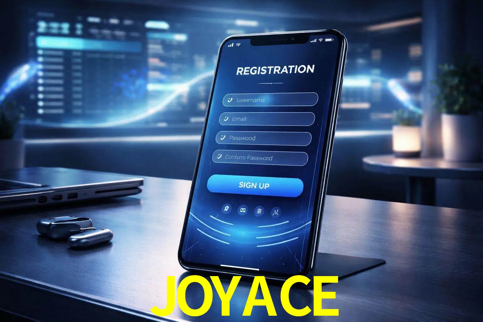 Una interfaz moderna de registro móvil para JOYACE mostrada en un smartphone con un panel de apuestas elegante.